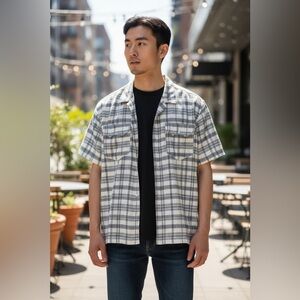 Men's PacSun + Ford Blue Plaid Flannel Short Sleeve Shirt